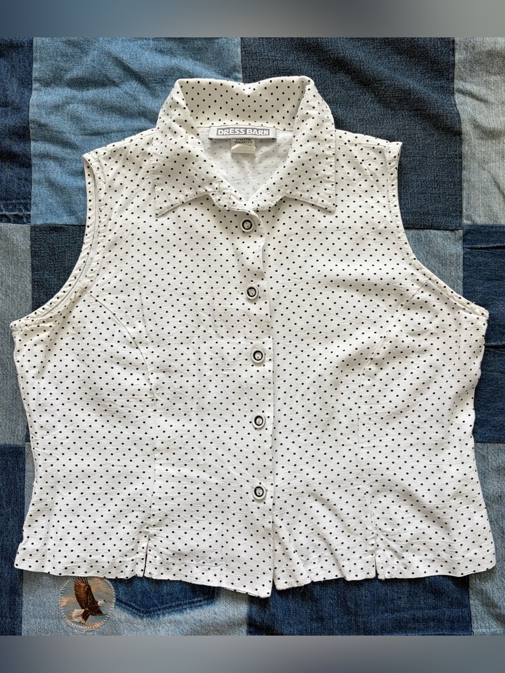 vintage white polka dot fitted sleeveless button up collared blouse dress barn L - Picture 1 of 7